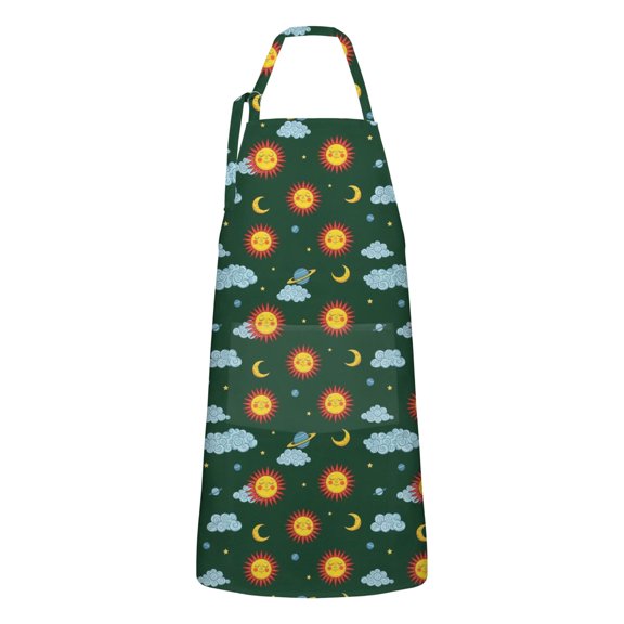 Green Sun Moon Cloud Planet Pattern Apron-Garden Aprons for Women with Pockets-Cotton Linen Waterproof Kitchen Cooking Gardening Aprons Adjustable for Kitchen,Cooking,BBQ and Salon 33x27 Inch
