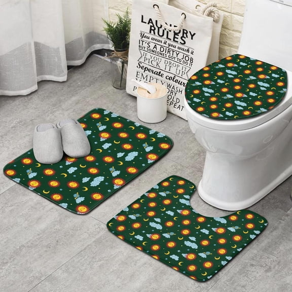 Green Sun Moon Cloud Planet Pattern Bathroom Rugs Sets 3 Piece,Toilet Cover Set,Absorbent Non Slip Bathroom Mats Sets with U-Shaped Contour Rug Toilet Rug Set