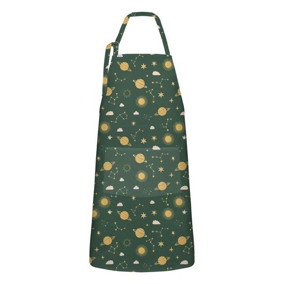 Green Sun Moon Star Planet Cloud Pattern Apron-Garden Aprons for Women with Pockets-Cotton Linen Waterproof Kitchen Cooking Gardening Aprons Adjustable for Kitchen,Cooking,BBQ and Salon 33x27 Inch