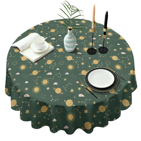 Green Sun Moon Star Planet Cloud Pattern Round Tablecloth 60"x60",Wrinkle Wipeable Table Cloth for Kitchen Dining Room Picnic Patio Party