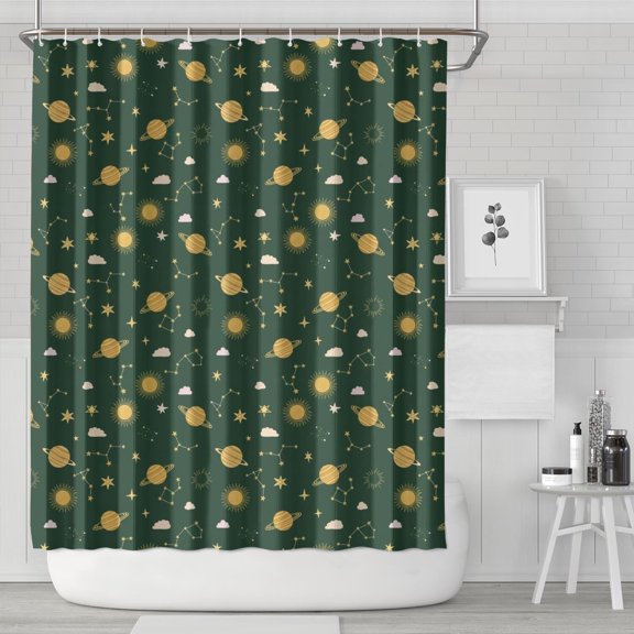 Green Sun Moon Star Planet Cloud Pattern Shower Curtain 72"x84" ,Bathroom Decorative Shower Curtains Set with 12 Hooks,Modern Waterproof Washable Shower Curtain