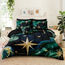 Green Sun and Moon Comforter Queen Size 8 Pcs Bed in A Bag Universe Planet Comforter Set Celestial Bedding Set