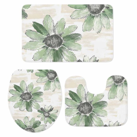 Green Sunflower Bath Mat 3 Piece Bathroom Rug Set, Spring Summer Botanical Flowers Non Slip Bath Rug Contour Mat and Toilet Lid Cover, Absorbent Shower Mats Soft Bath Rugs and Mats Sets