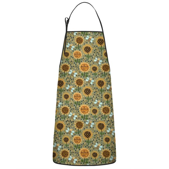 Green Sunflower Bee Pattern Apron-Garden Aprons for Women with Pockets-Cotton Linen Waterproof Kitchen Cooking Gardening Aprons Adjustable for Kitchen,Cooking,BBQ and Salon 33x27 Inch