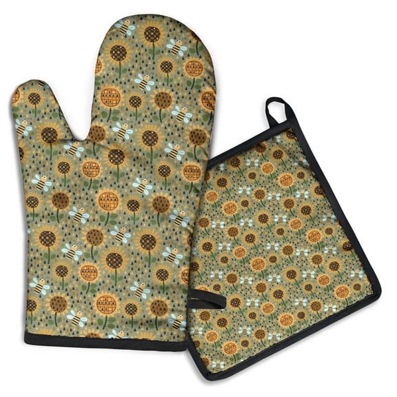 Green Sunflower Bee Pattern Kitchen Oven Mitt and Pot Holder Sets 2 Pcs for Baking, Cooking and Grilling, Heat Resistant Up To 392 °F