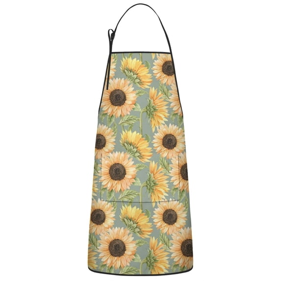 Green Sunflower Pattern Apron-Garden Aprons for Women with Pockets-Cotton Linen Waterproof Kitchen Cooking Gardening Aprons Adjustable for Kitchen,Cooking,BBQ and Salon 33x27 Inch