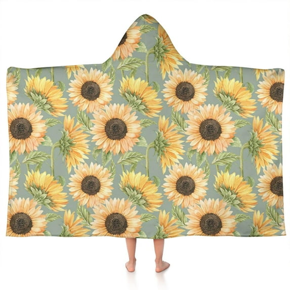 Green Sunflower Pattern Hooded Bath Towel,50"x30" for Ages 3 To 12 Kids, Quick Dry Lightweight Soft Microfiber Hood Beach Towel Cover Up for Kids