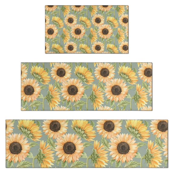 Green Sunflower Pattern Kitchen Rugs Sets Of 3,Kitchen Runner Rugs Non Skid Washable,Decorative Kitchen Floor Mats for Kitchen,Sink,Laundry,17"x30"+ 17"x47" + 17"x59"