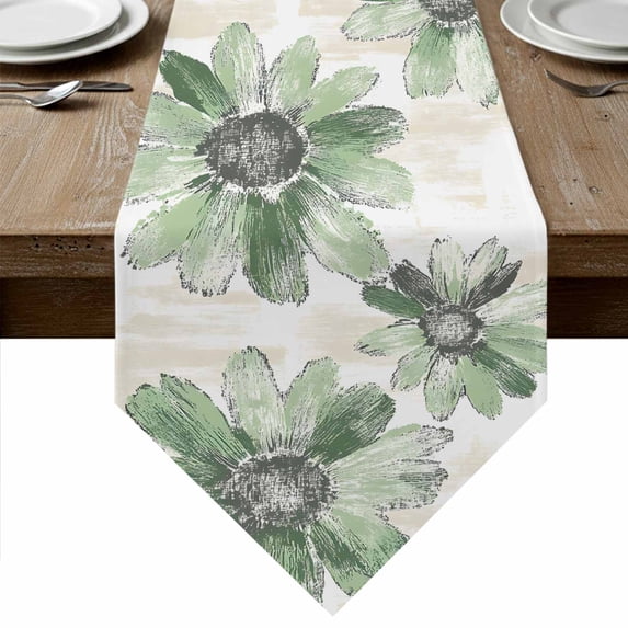 Green Sunflower Table Runner Linen Burlap Table Runner 90 Inches Long Spring Summer Botanical Flowers Dresser Scarves for Kitchen Island Coffee Dining Room Party Wedding Banquet Holiday Decor 13"x90"