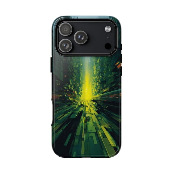 Green Surge City Vortex Abstract Artistic Protective Tough Phone Case with iPhone 11 to 17 Pro Max