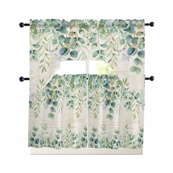 Green Swag Curtains for Living Room/Bedroom Windows, Eucalyptus Leaves Kitchen Curtains and Valances Set 36 Inch Length, Light Filtering Swags Valance Curtain Panels