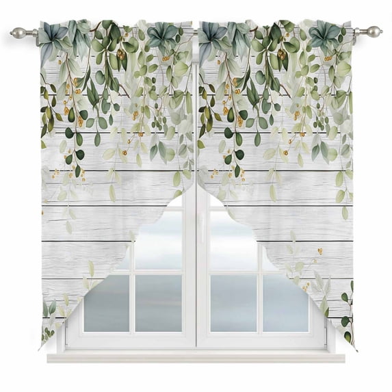 Green Swag Valances for Windows, Kitchen Window Curtains Over Sink, Eucalyptus Leaves Window Treatment Curtains for Living Room/Bedroom Curtains 2 Panel Sets 36"x45"