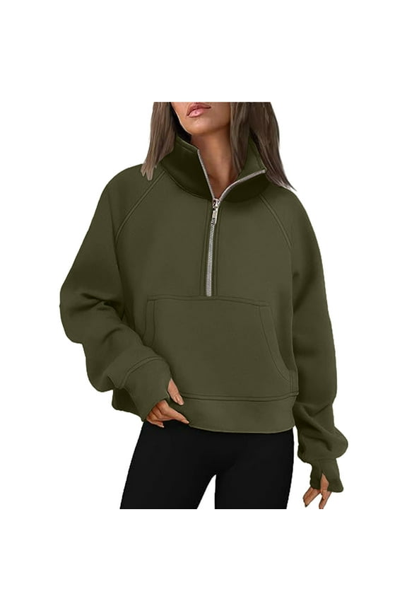 Green Sweaters For Women, Oversized Sweatshirt Long Sleeved Stand Collar Half Zipper & Pocket Pullover Sweater,St. Pa's Holiday Sweaters,Size:L