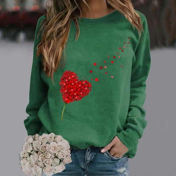 Green Sweaters for Women's Fashionable Round Neck Casual Valentine's Day Love Printed Long Sleeved Top Sweatshirt Womens Fall Fashion 2025
