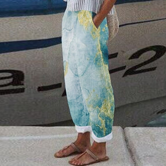 Green Sweatpants Women Pants with Pockets Casual High Waist Print Cotton Loose Long Straight Pants