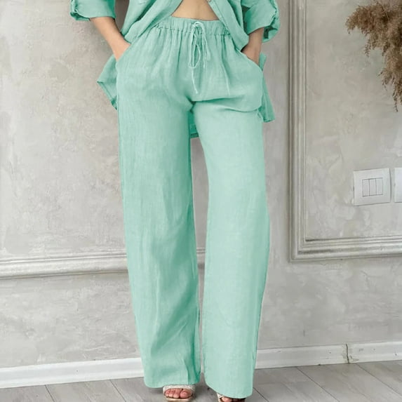 Green Sweatpants Womens Daily Elastic Waist Pockets Straight Solid Color Casual Pants Loose Long Trousers