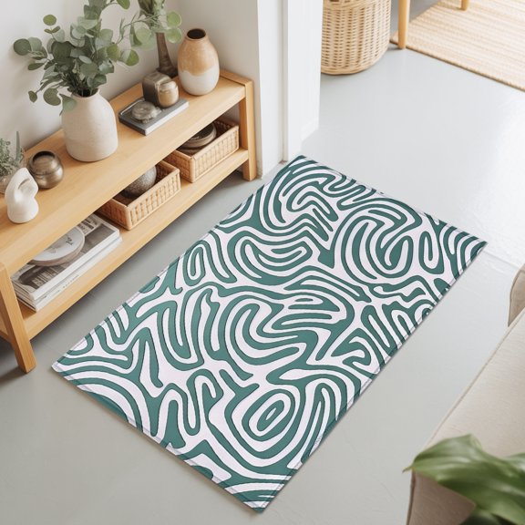 Green Swirling Lines 2'x3' Rug for Entryway Front Door Kitchen Sink Area, Curves Waves Modern Abstract Low Pile Washable Non Slip Rectangle Area Rug