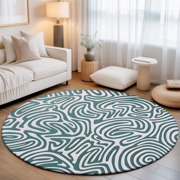 Green Swirling Lines 8' Round Rug for Open Concept Living Room Seating Zone, Curves Waves Modern Abstract Washable Non Slip Large Circle Area Rug