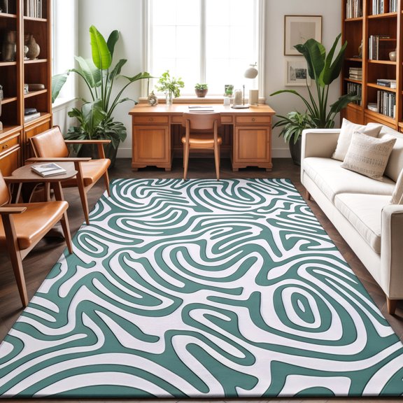 Green Swirling Lines 8'x10' Large Area Rug for Living Room Sectional Sofa, Curves Waves Modern Abstract Washable Non Slip Low Pile Rectangle Area Rug