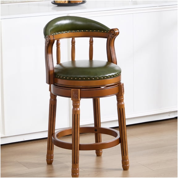 Green Swivel Bar Stool with Back, Cowhide Upholstered Solid Wood Bar Height Chair for Kitchen Island, Dining & Pub
