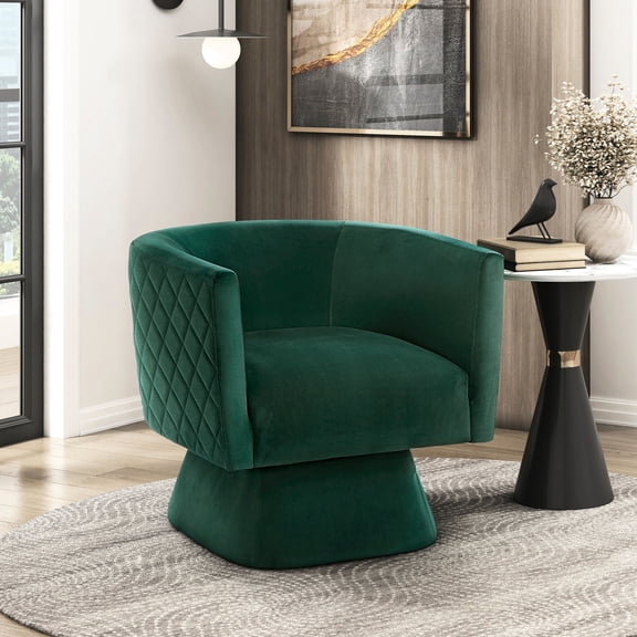 Green Swivel Chair | Rotates Freely in Living Room | Diamond Pattern Stitched Back | High-Quality Materials