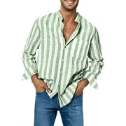 Green T Shirt Dress Mens Fashion Casual Striped Linen Buckle Collar Pocket Long Sleeve Shirt Top