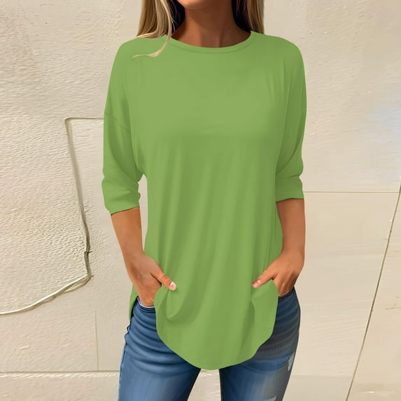 Green T Shirt Plus Size Women, Polyester Women Plus Size Shirt, 3/4 Sleeve Plus Size for Women Blouses, Printed Plus Size Tops Shirt, Solid Color Weekend Solid Color Plus Size Top for Women