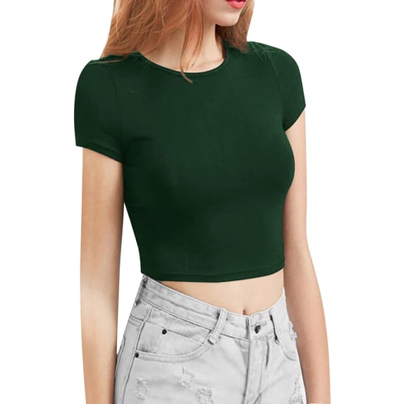 Green T Shirts for Women's Shoulder Length Short Sleeved T Shirt Women's Slim Fit and Slimming Effect Paired with A Base High Waisted Short Exposed Navel Top Fashion Clothing