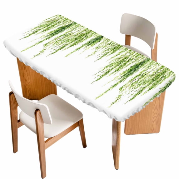 Green Table Cloths for 5 Foot Rectangle Tables, Summer Botanical Leaves Watercolor Patio Waterproof Elastic Fitted Tablecloths, Washable Rectangular Table Cover for Camping