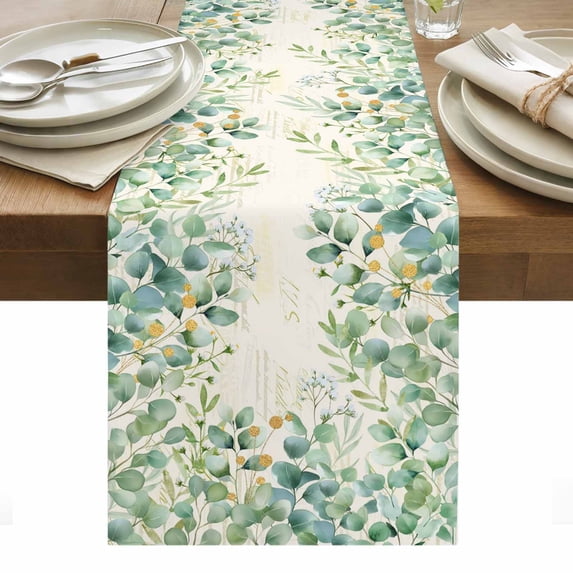 Green Table Runner - 108 Inch Long, Kitchen Dining Table Runner Dresser Scarves, Eucalyptus Leaves Farmhouse Decor for Coffee Tables Wedding Party Banquet