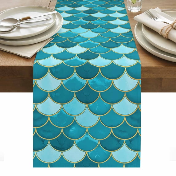 Green Table Runner - 70 Inch Long, Kitchen Dining Table Runner Dresser Scarves, Modern Geometric Fish Scale Abstract Moroccan Farmhouse Decor for Coffee Tables Wedding Party Banquet