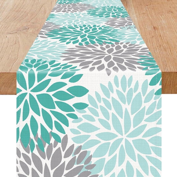 Green Table Runner 72 inches Long Dahlia Pinnata Flower Pattern Spring Summer Seasonal Farmhouse Kitchen Dining Table Decoration for Indoor Outdoor Home Party Decor (13 x 72 inch)