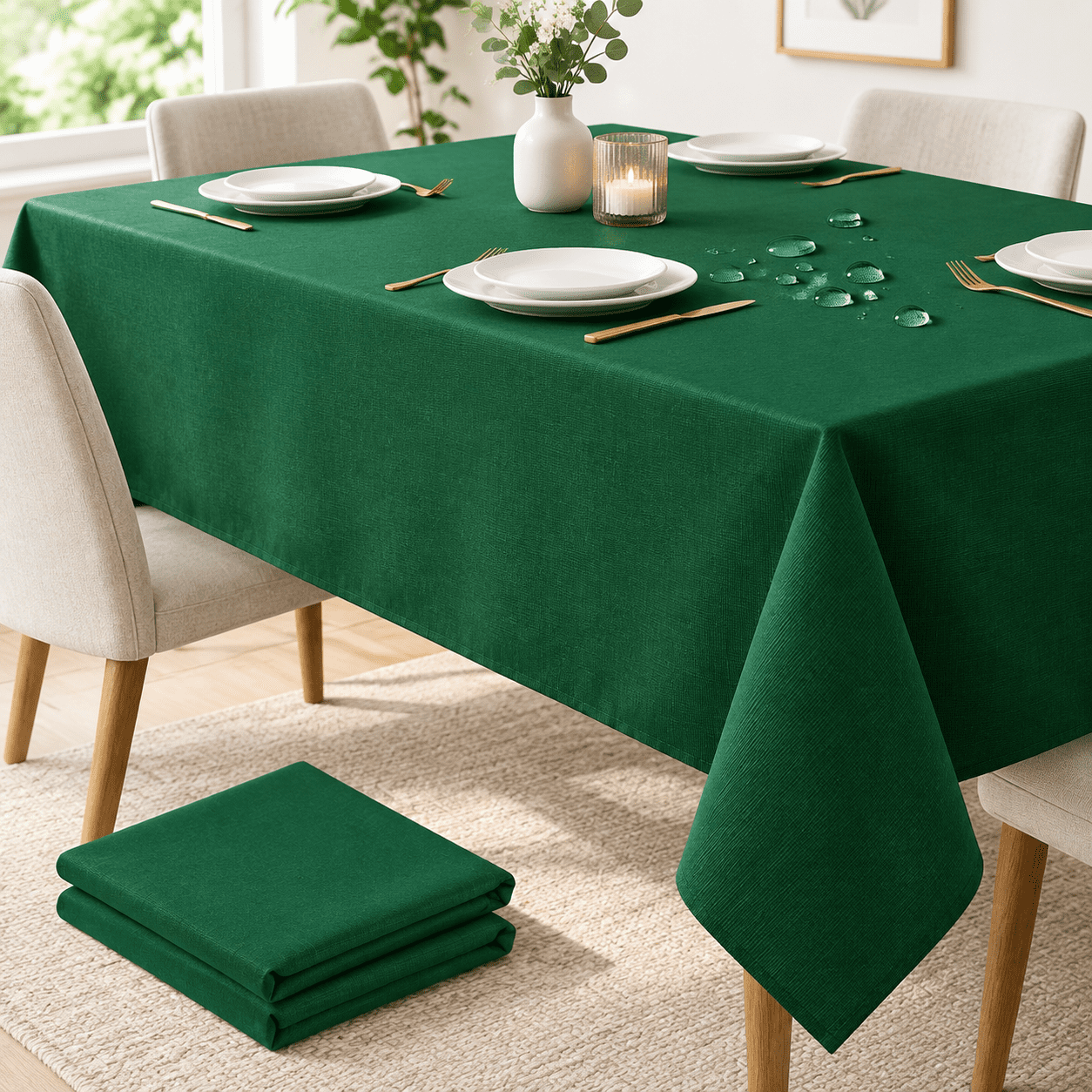 Green Tablecloth Rectangle 6ft Slub Textured Waterproof 2-pack ...