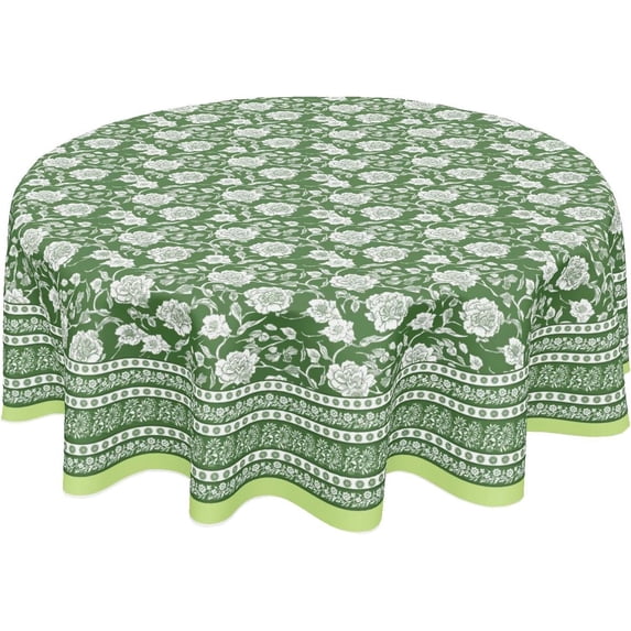 Green Tablecloth Round 60 Inch Spring Green and White Boho Table Cloth Washable Vintage Floral Bohemian Decorative Outdoor Table Cover for Kitchen Dining Holiday Party Indoor Home Decor