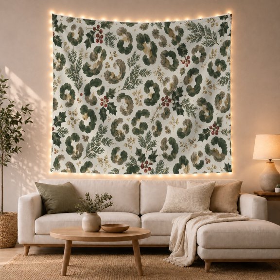 Green and Tan Leopard Spots with Holly Leaves on Cream Background, Nostalgic Vintage for Wildlife Lovers, Forest Art Decor, Christmas Gift, Tapestry Wall Hanging for Living Room and Bedroom