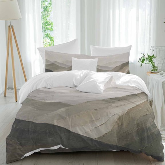Green Tan Mountain Comforter Set King Size, Abstract Rolling Mountains Ridges Hill Peaks Soft Bedding Set for Man Woman, 4 Pieces Duvet Cover Set with Fitted Sheet, 2 Pillowcases