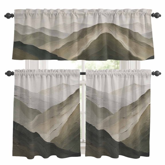 Green Tan Mountain Kitchen Curtains Valances 3 Piece Set, Abstract Rolling Mountains Ridges Hill Peaks Rod Pocket Tier Curtain and Valance Drapes for Small Window 36 Inch Length for Bedroom Cafe