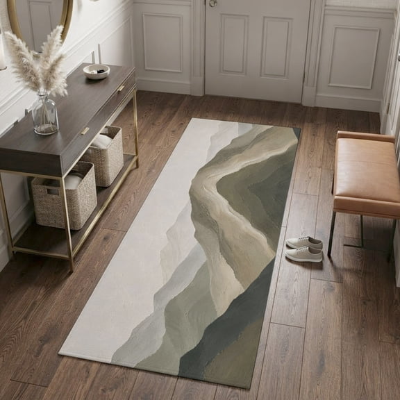Green Tan Mountain Runner Rugs 2x6ft Abstract Rolling Mountains Ridges Hill Peaks Washable Rug, Non Slip Indoor Carpet Absorbent Floor Mat for Living Room Bedroom Dining Room