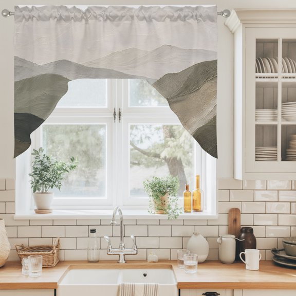 Green Tan Mountain Swag Valance for Windows, Abstract Rolling Mountains Ridges Hill Peaks Swag Curtains Valances for Small Window Treatment Rod Pocket for Kitchen Bathroom 1 Panel 56x36in