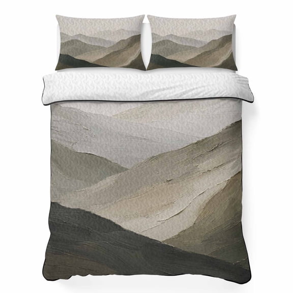 Green Tan Mountain Twin Quilt Bedding Set, Abstract Rolling Mountains Ridges Hill Peaks Lightweight Comforter with 2 Pillow Shams Bedroom Bedspread Set Home Decor for All Seasons