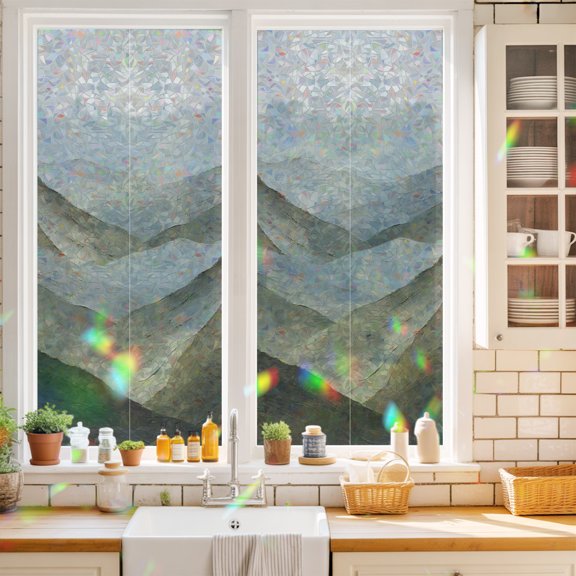 Green Tan Mountain Window Privacy Film Abstract Rolling Mountains Ridges Hill Peaks Static Cling Stained Glass Window Film Non-Adhesive Decorative Decals Rainbow Sticker 17.7"X39.3"