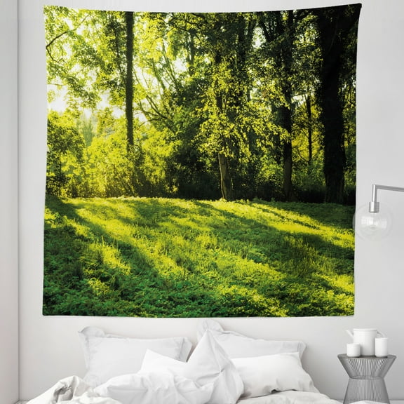 Green Tapestry, Forest Landscape at Sunrise Beams Trees Grass Field Rural Scenery Nature Peaceful Photo, Fabric Wall Hanging Decor for Bedroom Living Room Dorm, 5 Sizes, Green, by Ambesonne