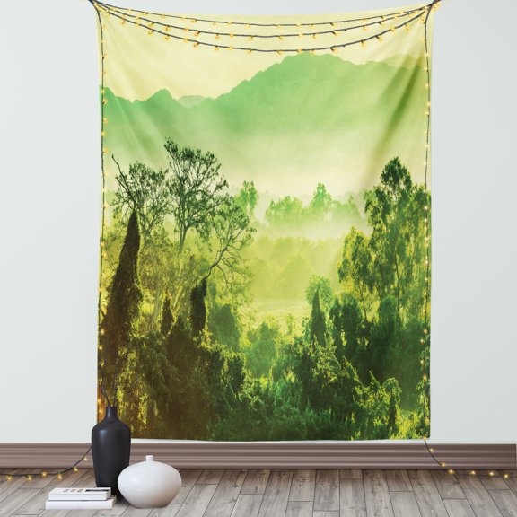 Green Tapestry, Landscape Illustration with Mountains and Blooming Spring Trees Pattern, Wall Hanging for Bedroom Living Room Dorm Decor, 60W X 80L Inches, Green and Pale Green, by Ambesonne