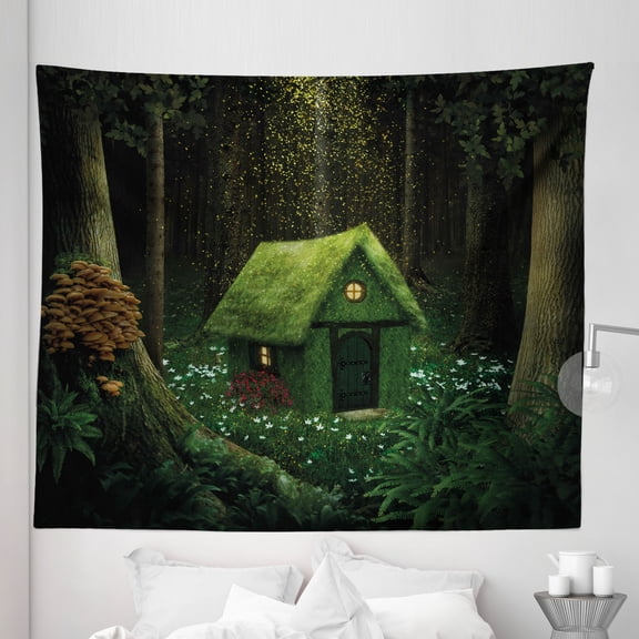 Green Tapestry, Surreal Little Forest House in Moss Enchanted Woodland Elves Design, Fabric Wall Hanging Decor for Bedroom Living Room Dorm, 5 Sizes, Hunter Green Army Green, by Ambesonne