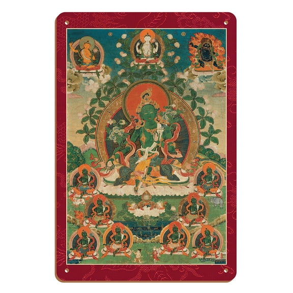 Green Tara Savior from the Eight Dangers - Buddhist Deity - Vintage Tibetan Thangka Buddhist Painting - Tibet, 13th Century - 8 x 12 inch Vintage Wood Art Sign