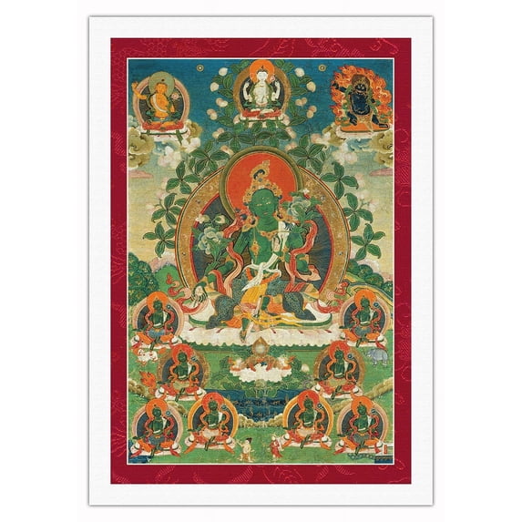 Green Tara Savior from the Eight Dangers - Buddhist Deity - Vintage Tibetan Thangka Buddhist Painting - Tibet, 13th Century - Fine Art Rolled Canvas Print 27in x 40in