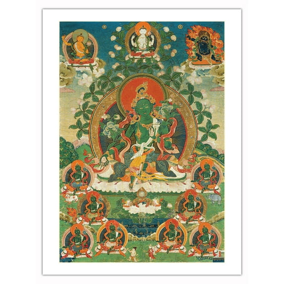 Green Tara Savior from the Eight Dangers - Buddhist Deity - Vintage Tibetan Thangka Buddhist Painting - Tibet, 13th Century - Fine Art Matte Paper Print (Unframed) 24x32in