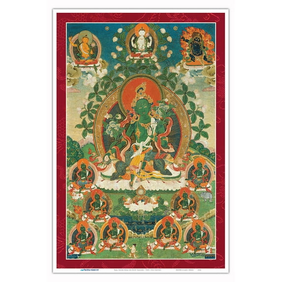 Green Tara Savior from the Eight Dangers - Buddhist Deity - Vintage Tibetan Thangka Buddhist Painting - Tibet, 13th Century - Master Art Print (Unframed) 12in x 18in