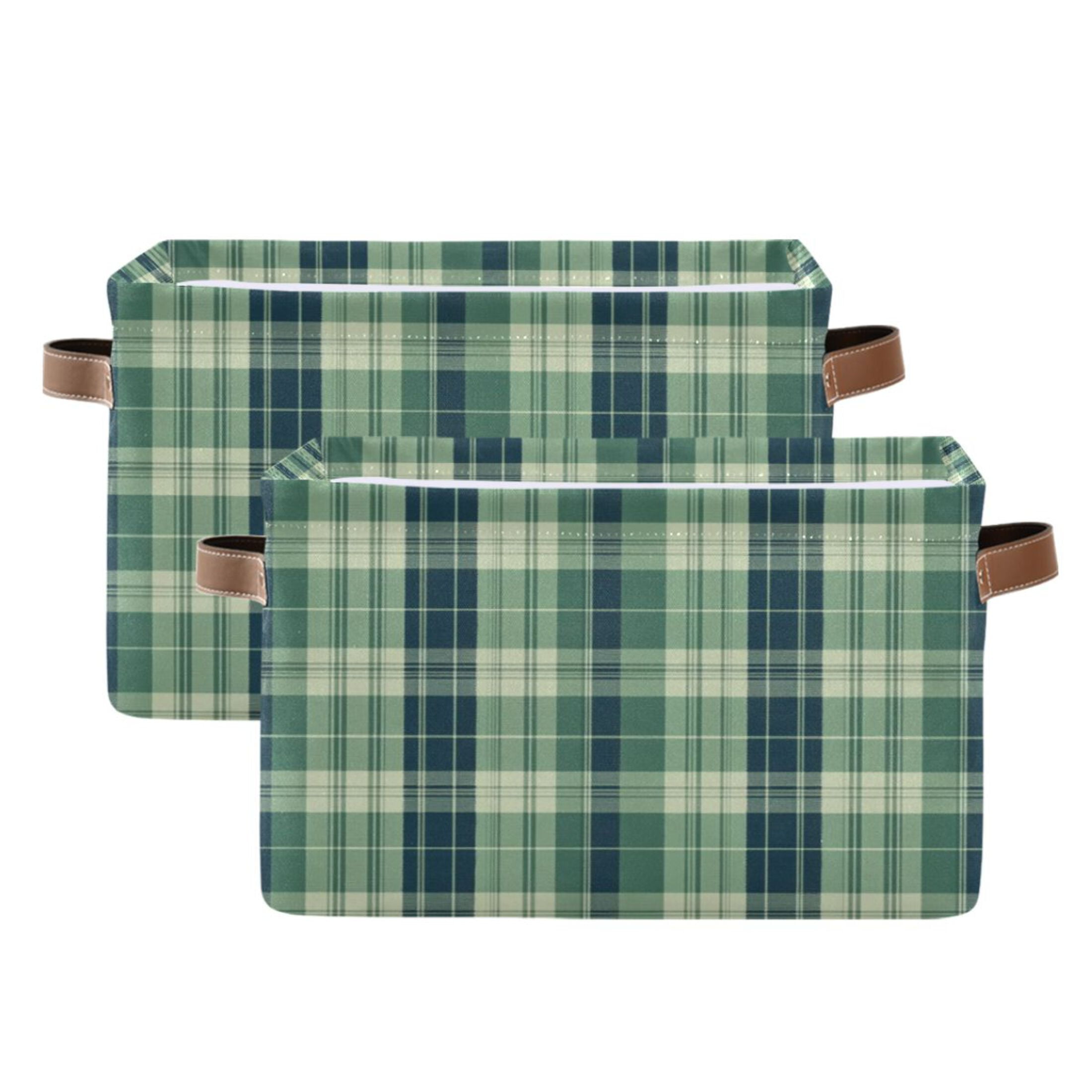 Green Tartan Pattern Foldable Storage Basket,Canvas Fabric Foldable Storage Bins with Handles Open Home Storage Bins Boxes for Toy Book Shelf Closet Baskets
