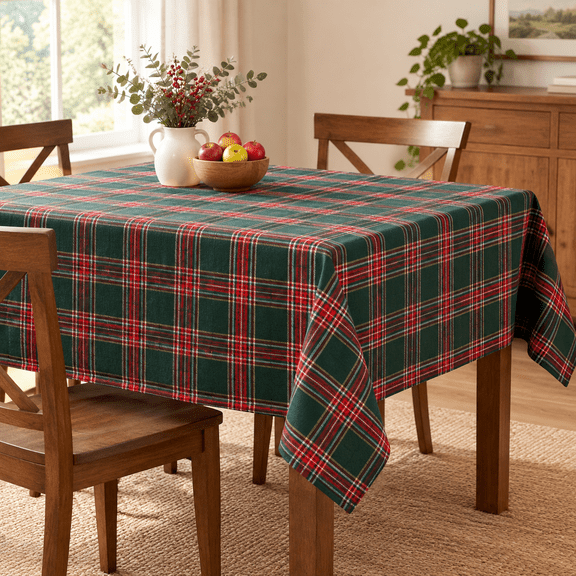 Green Tartan Plaid Square Tablecloth, 55" x 55", Washable Cotton-Polyester Blend